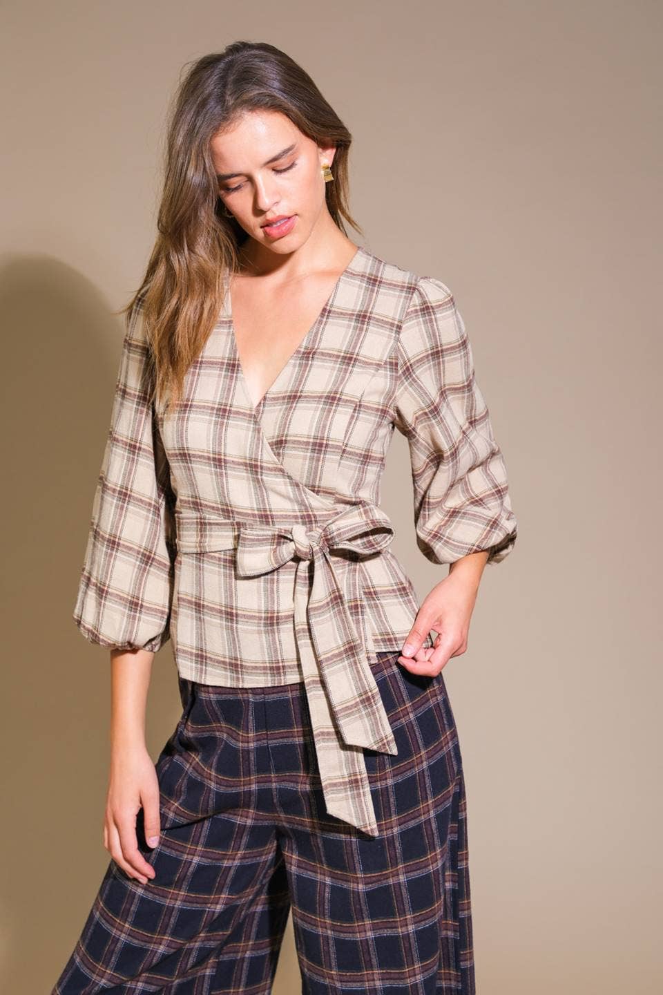 Brown Plaid Tie Waist Top