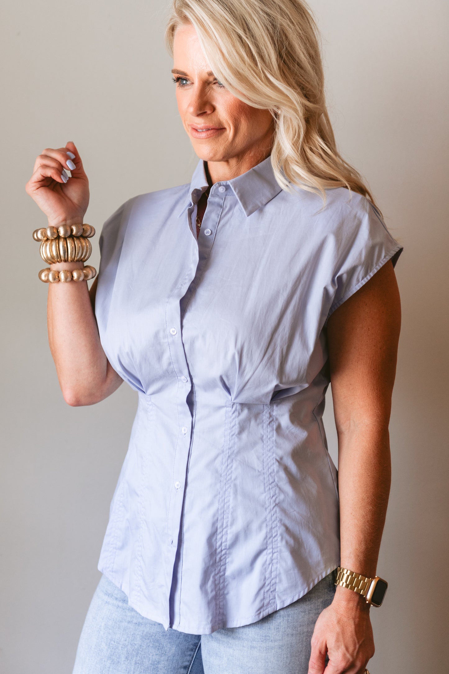 Blue Pleated Cap Sleve Blouse