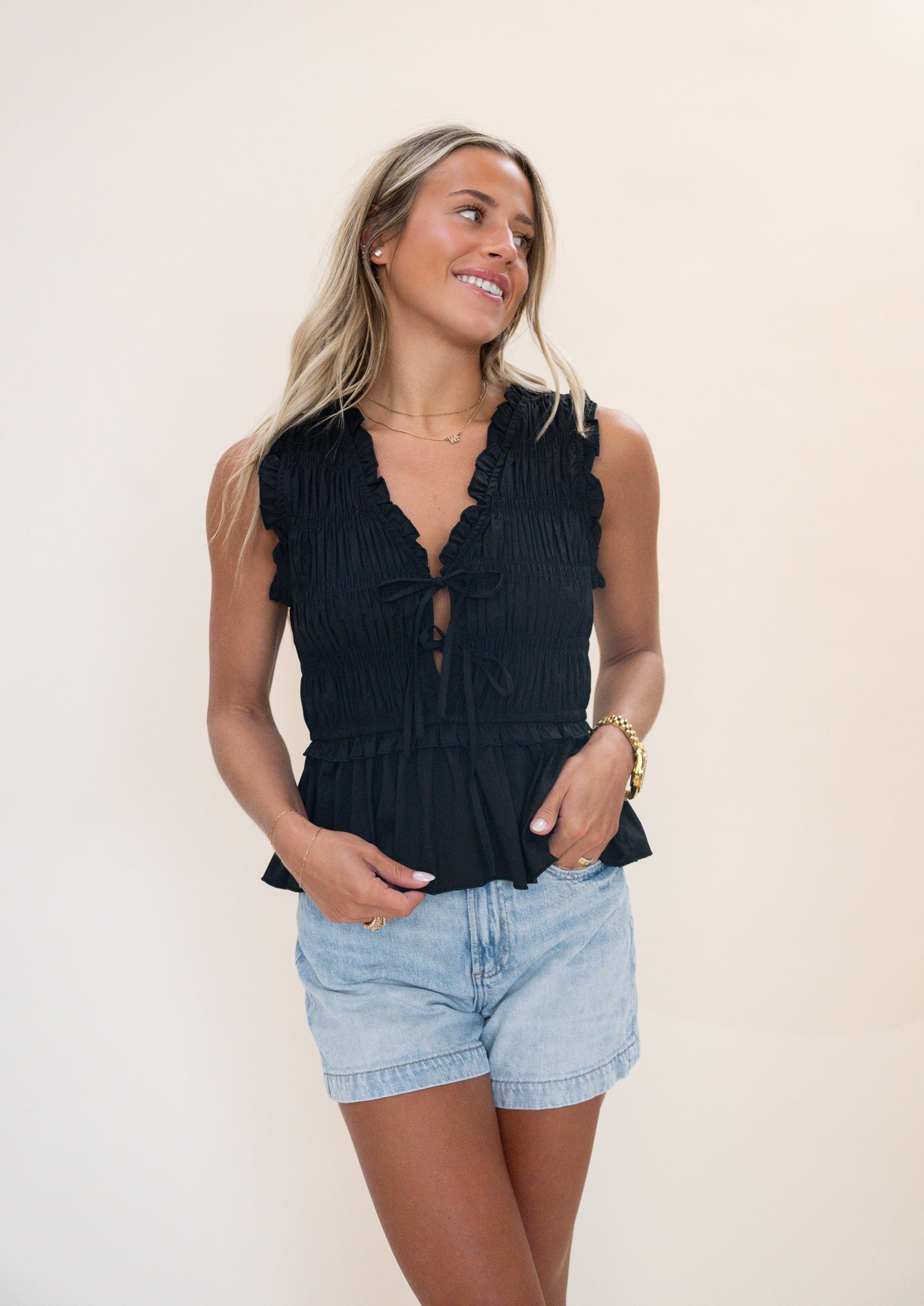 Black Ruched Peplum Top