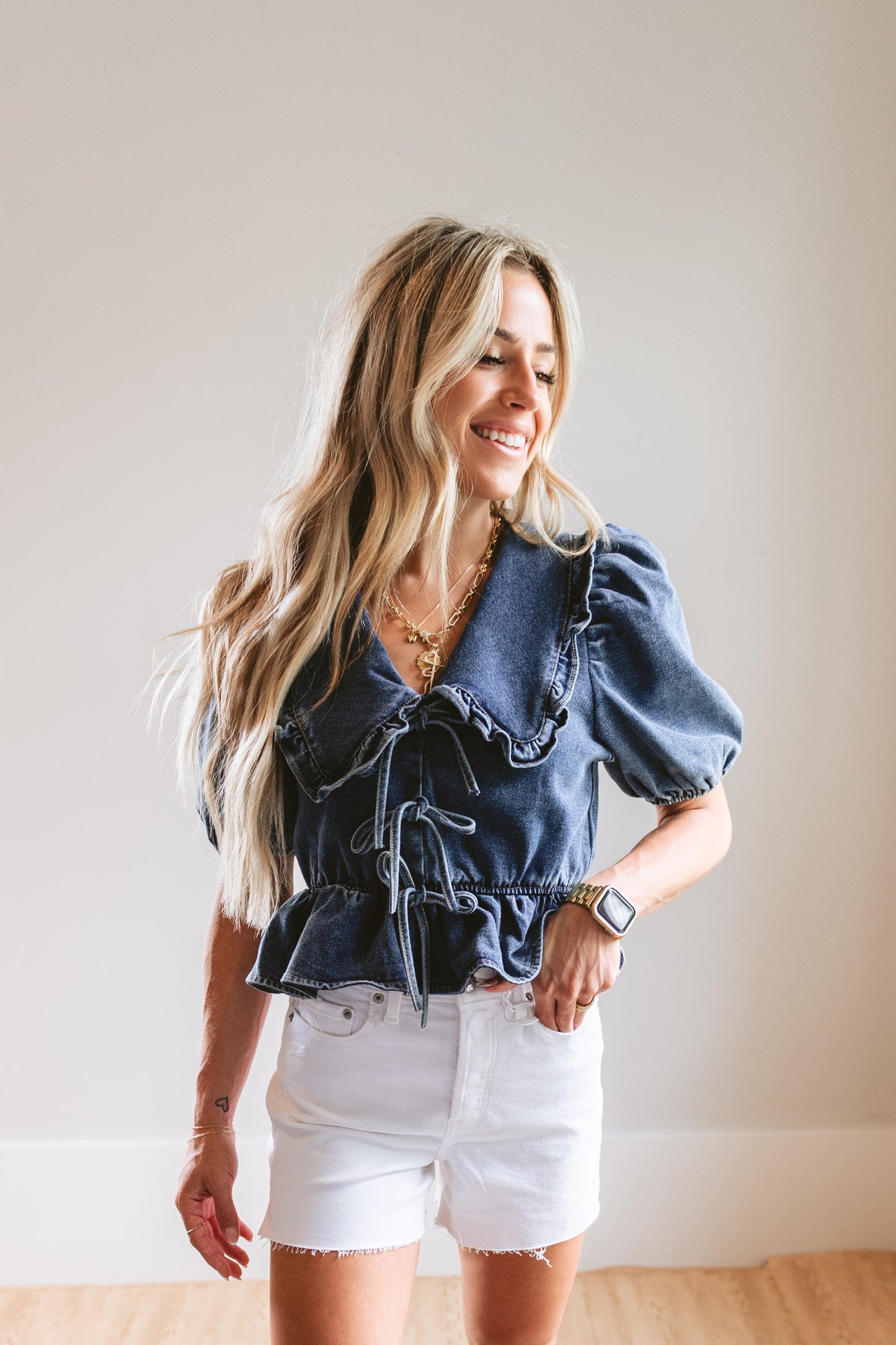 Denim Peter Pan Top w/Ties