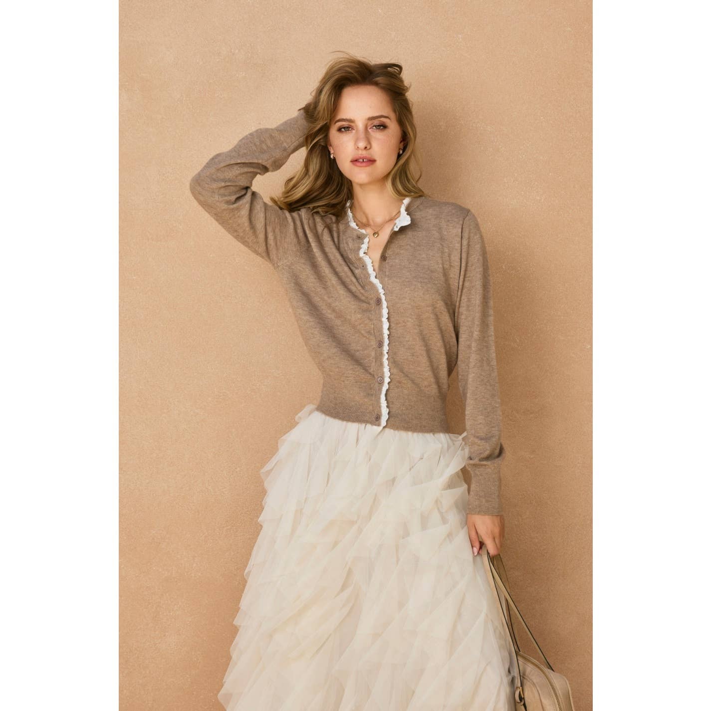Ruffled Eyelet Trim Button Down Cardigan
