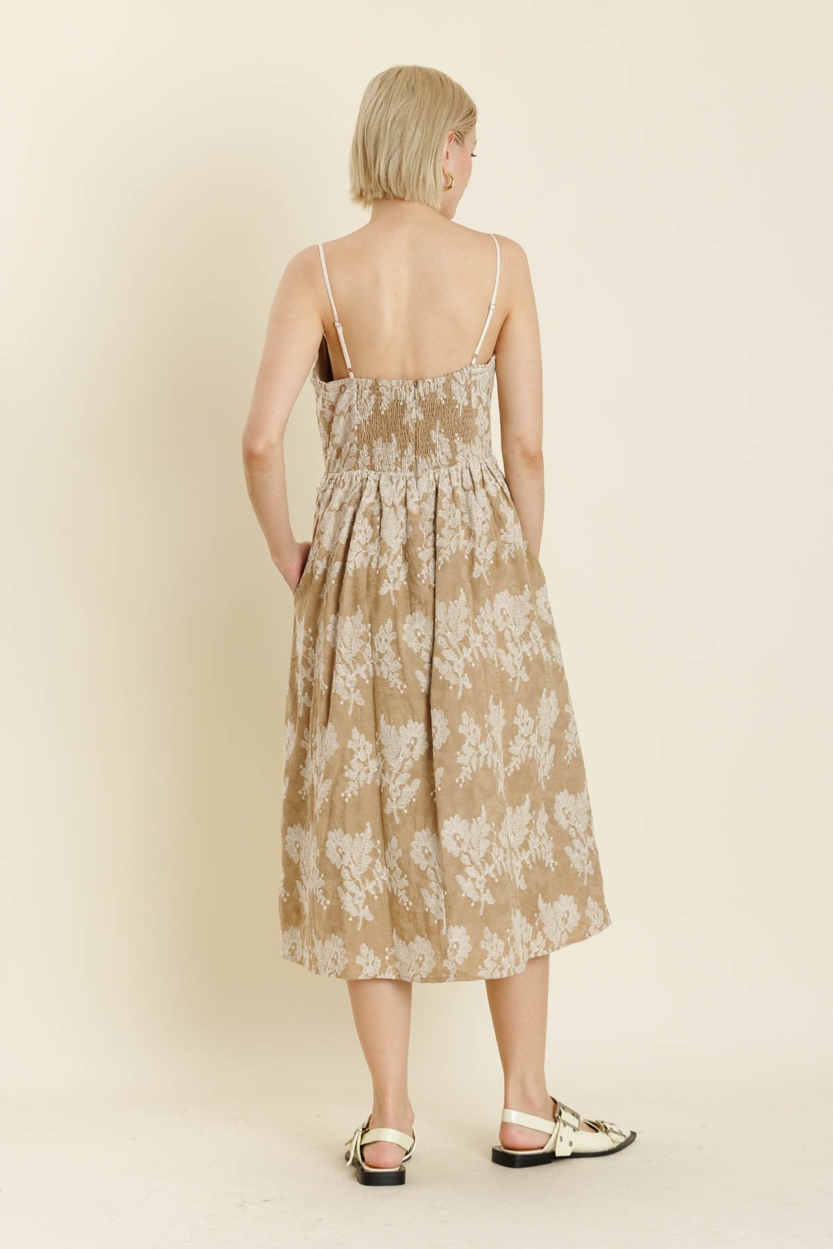 Tan Embroidered Midi Dress w/Ties