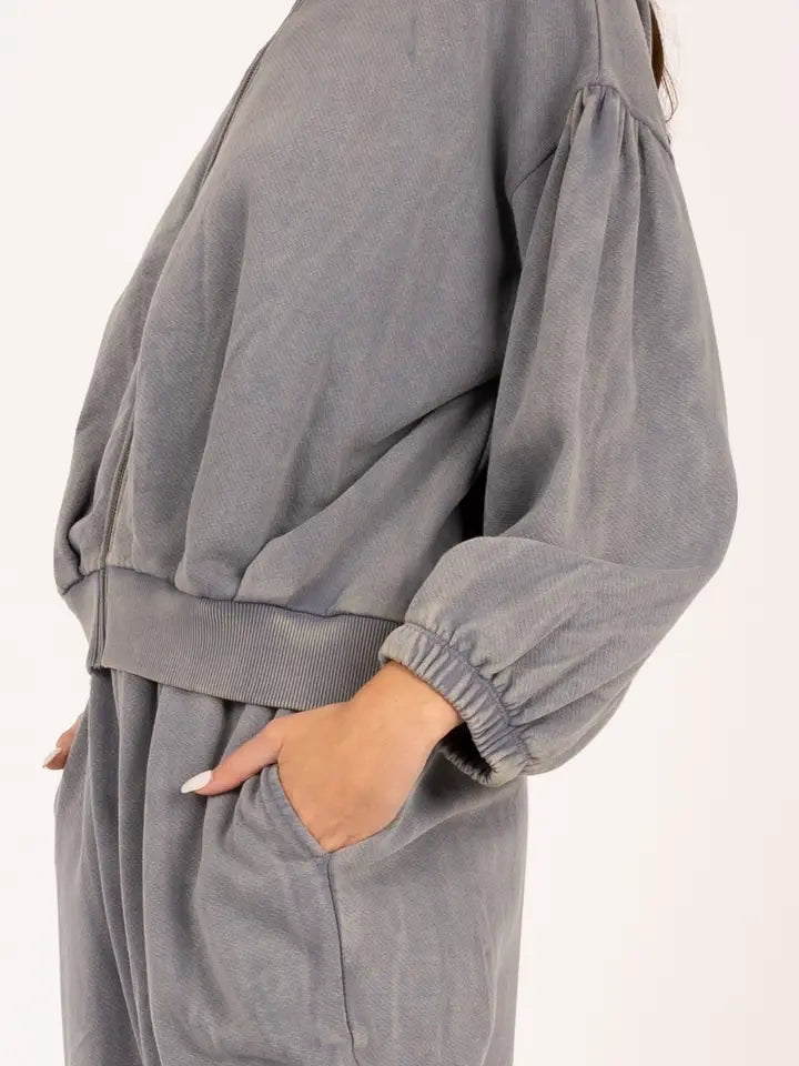 High Neck Puff Sleeve Zip Up