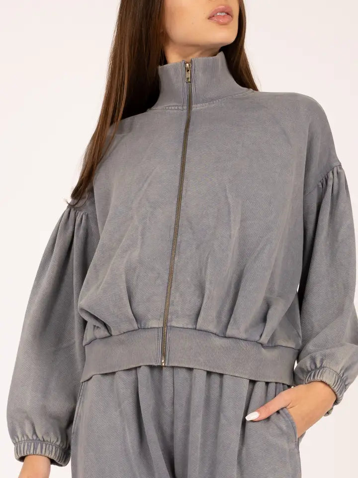 High Neck Puff Sleeve Zip Up