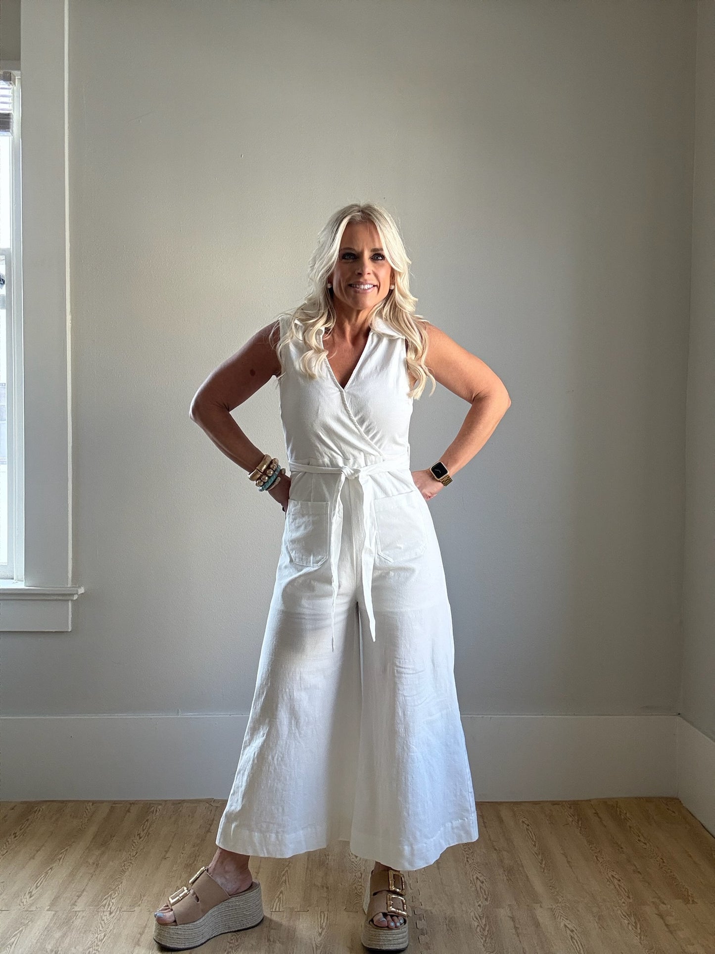 White Sleeveless Faux Wrap Jumpsuit