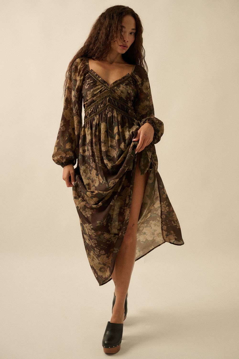 Floral-Print Velvet-Trimmed Maxi Peasant Dress
