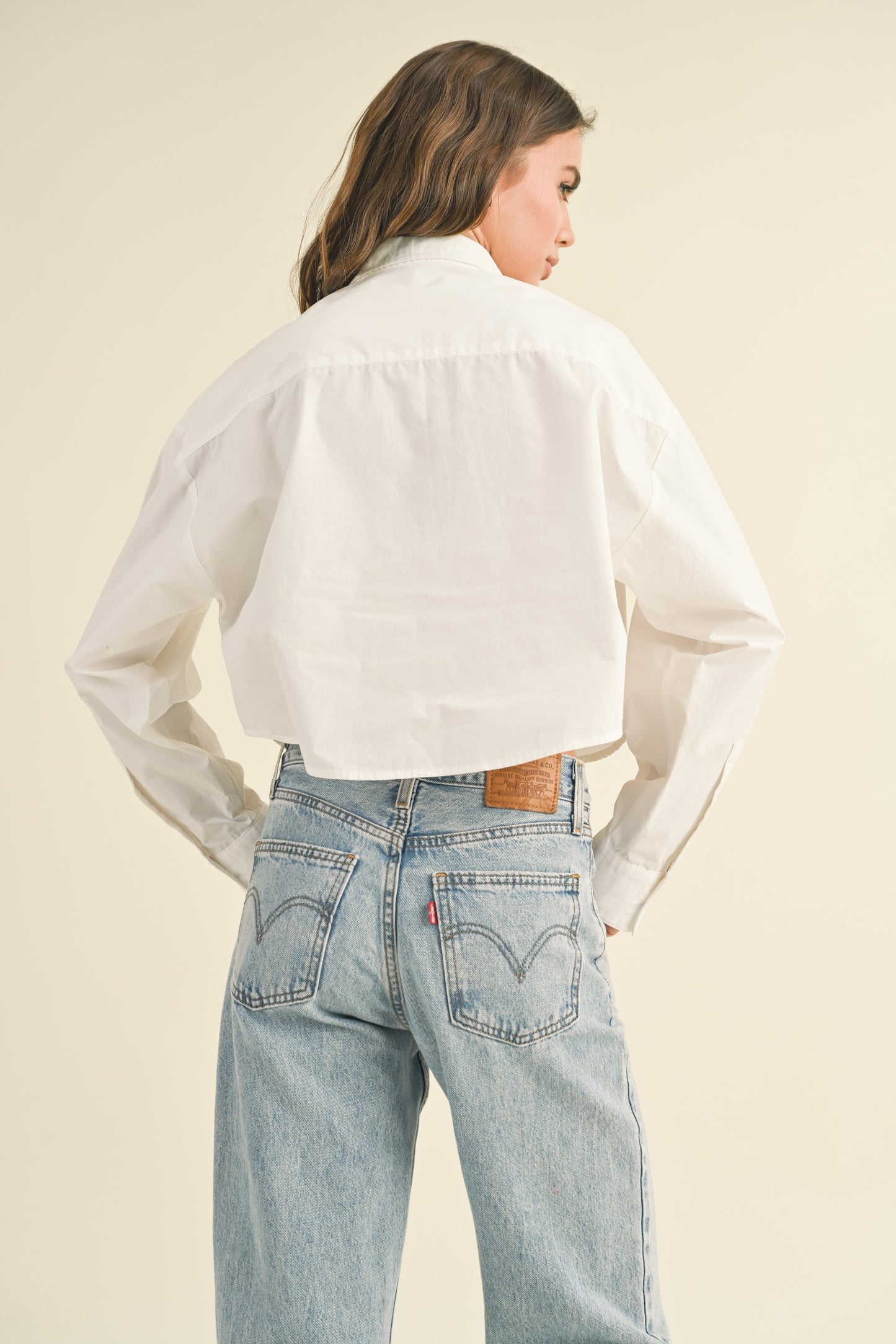 White Long Sleeve Cropped Button Down