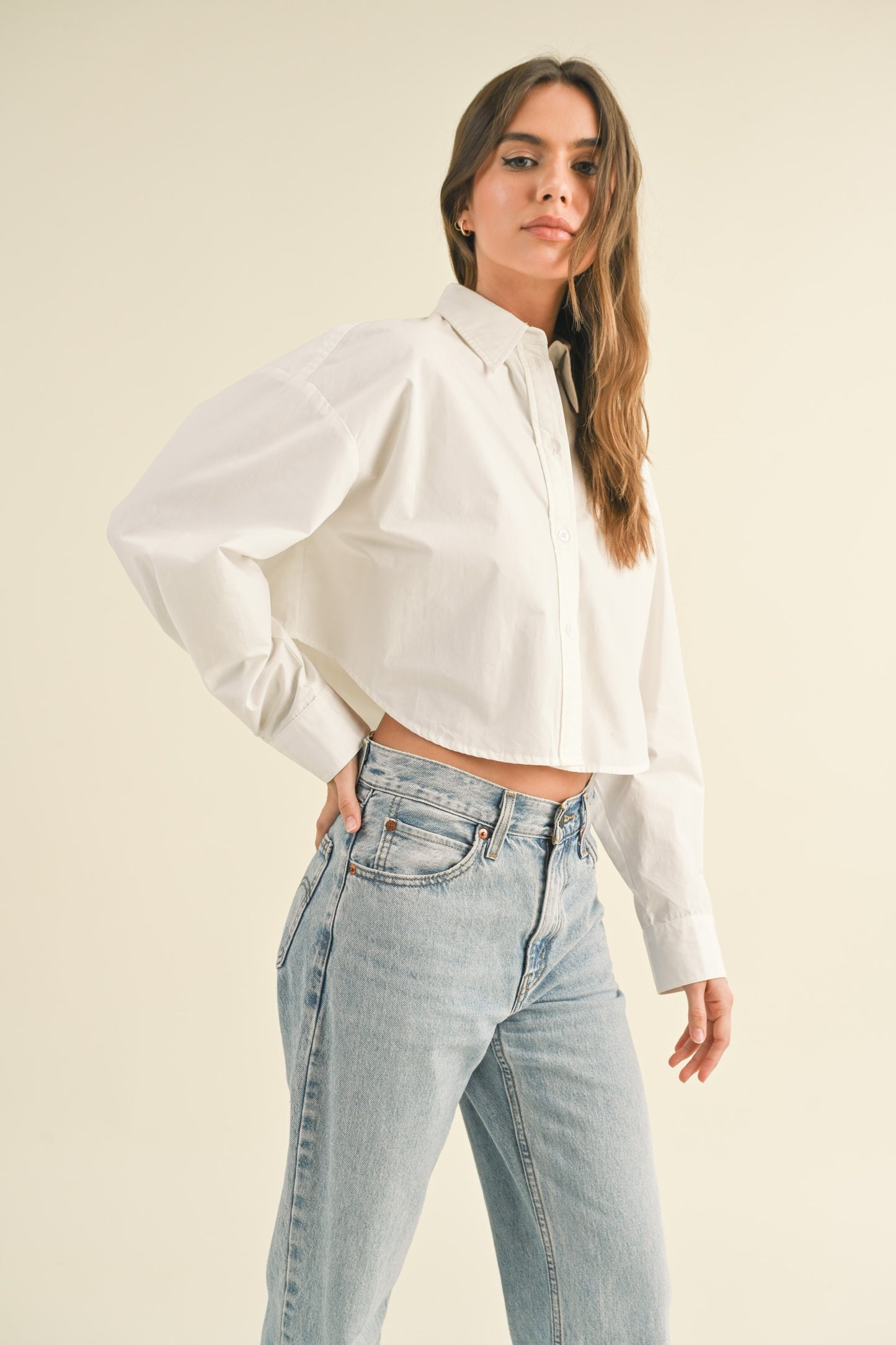 White Long Sleeve Cropped Button Down