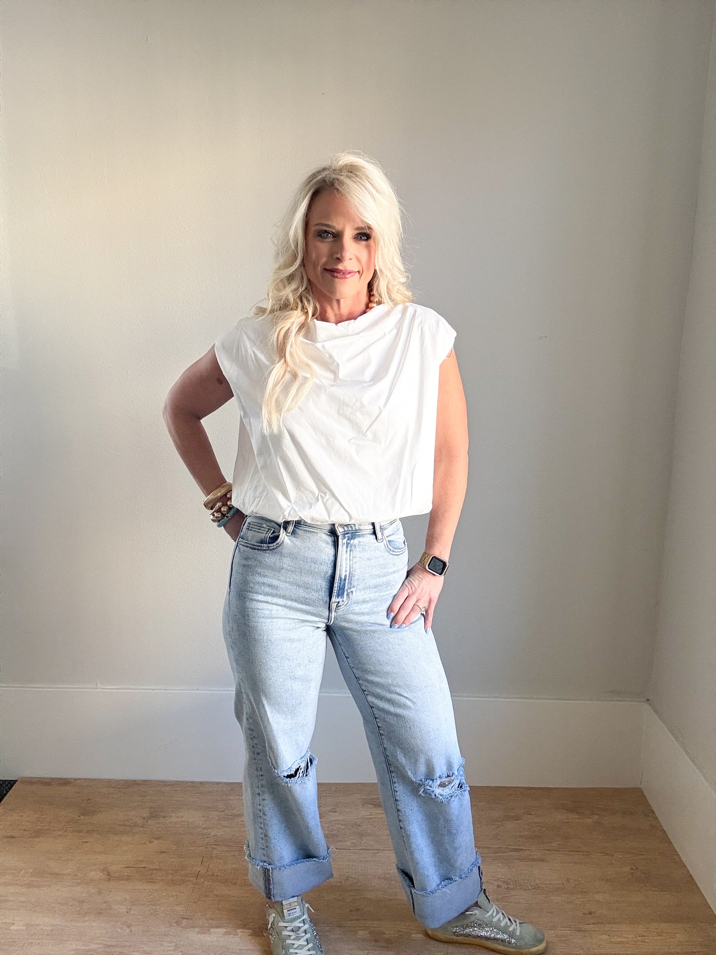 White Sleeveless Drape Neck Top
