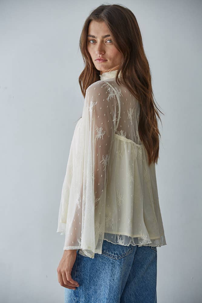 Cream Lace Mock Neck Long Bell Sleeve Blouse