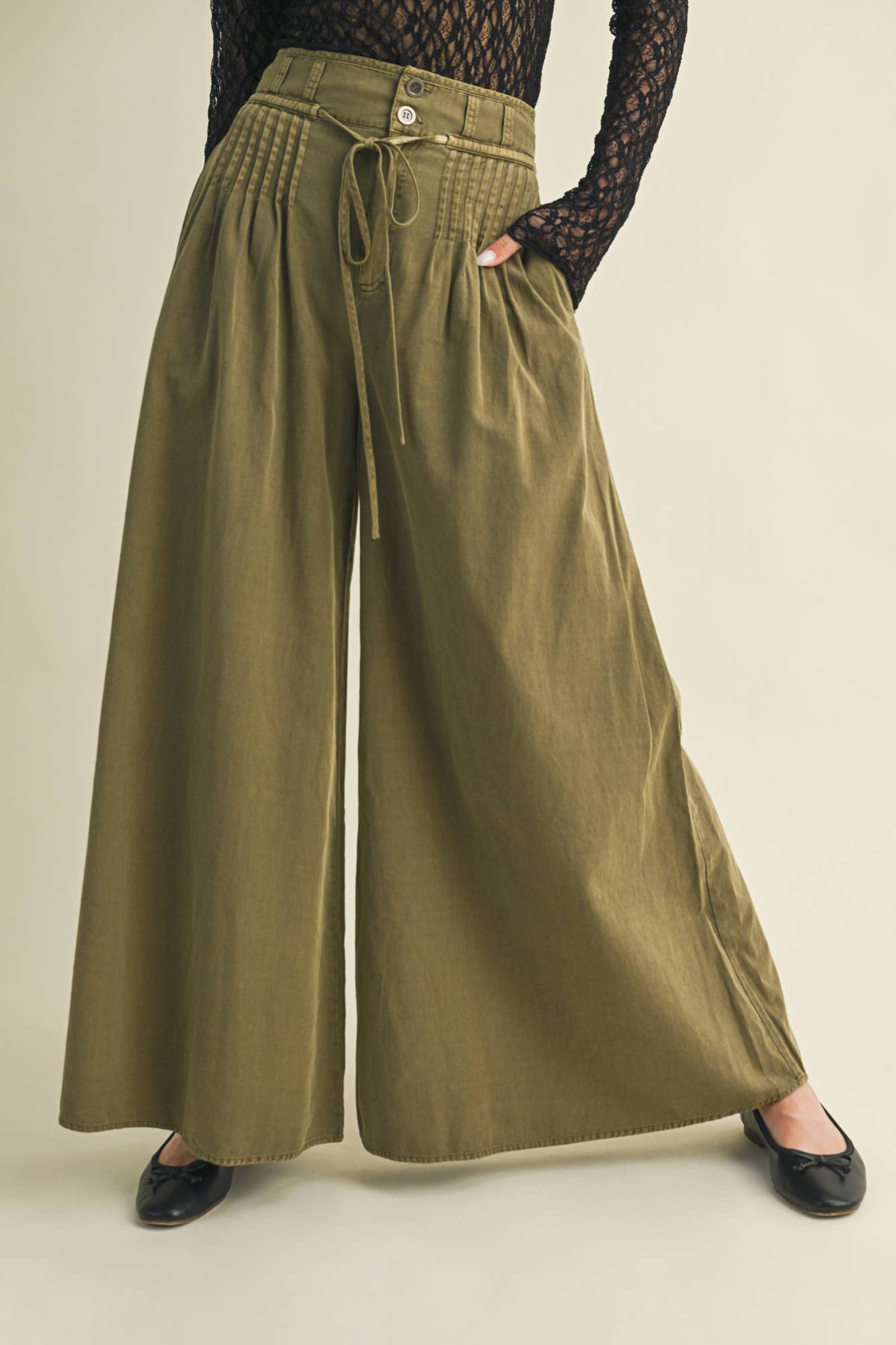 Olive Pintuck Wide Leg Pants