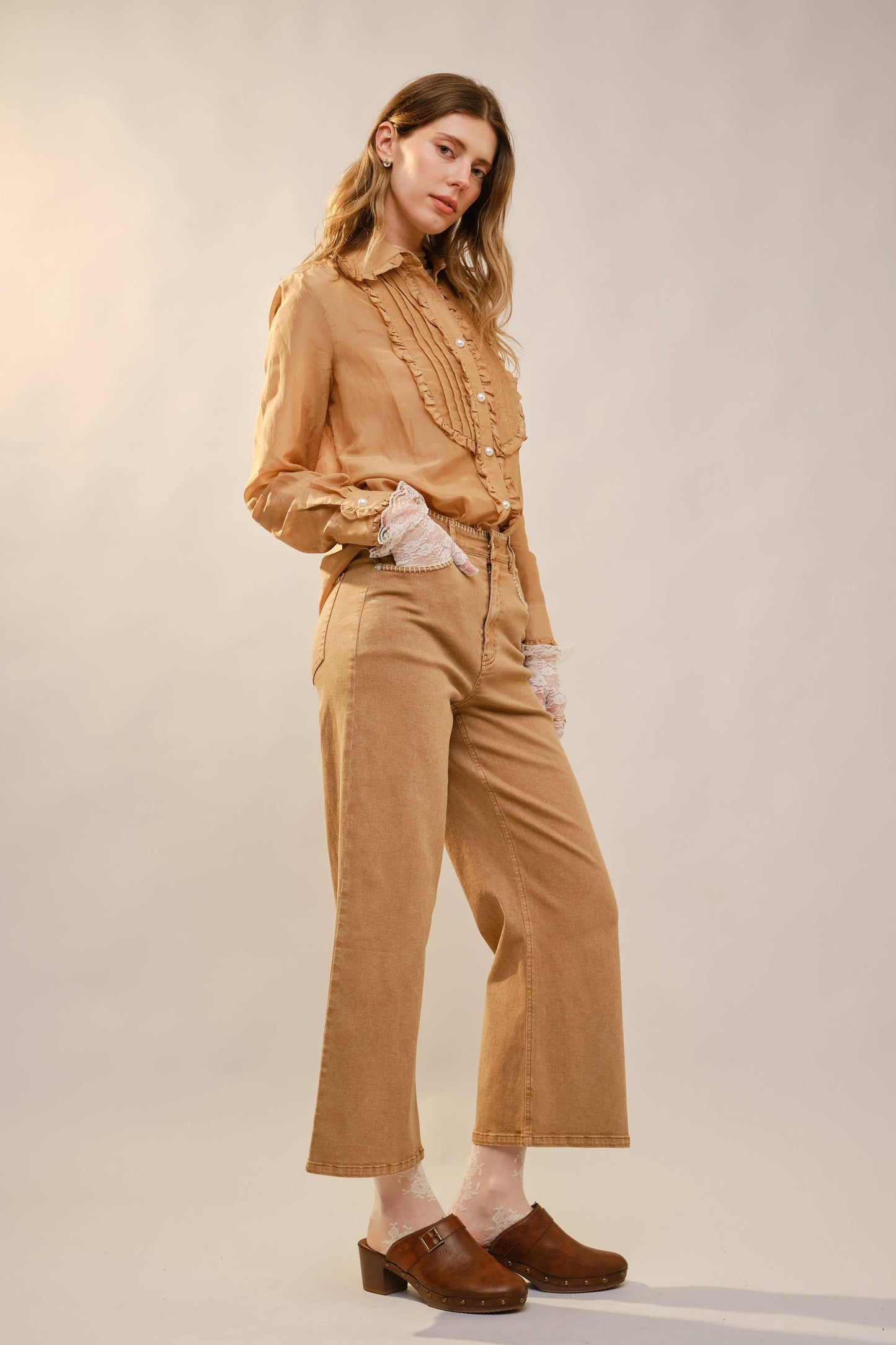 Cream Ruffle Pleated Pearl Button Blouse