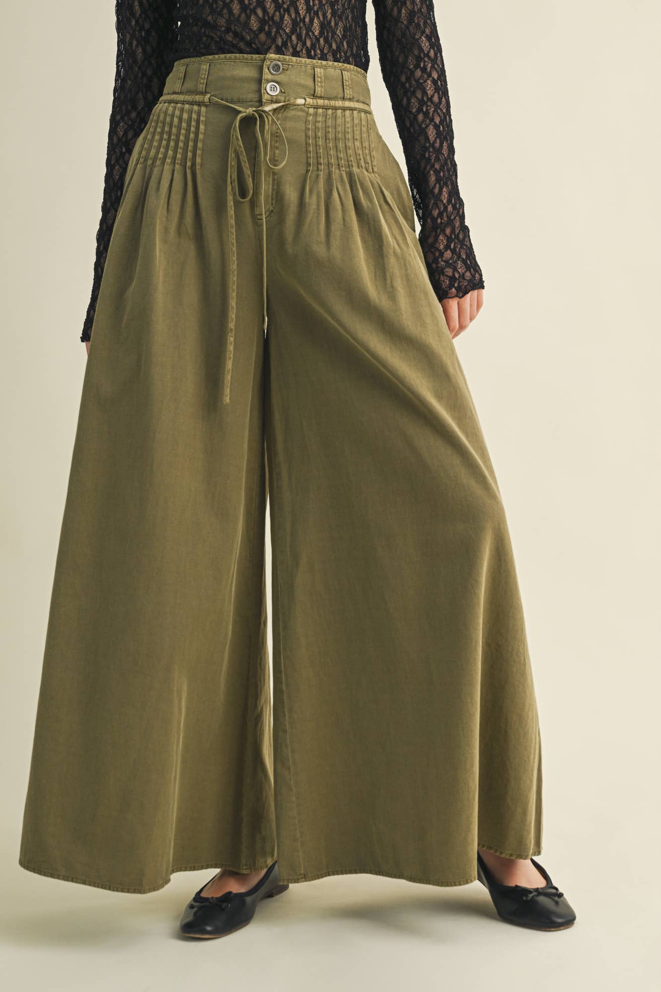 Olive Pintuck Wide Leg Pants