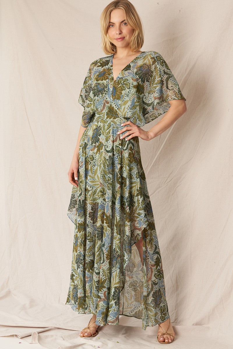 V-Neck Printed Gauze Maxi Dress