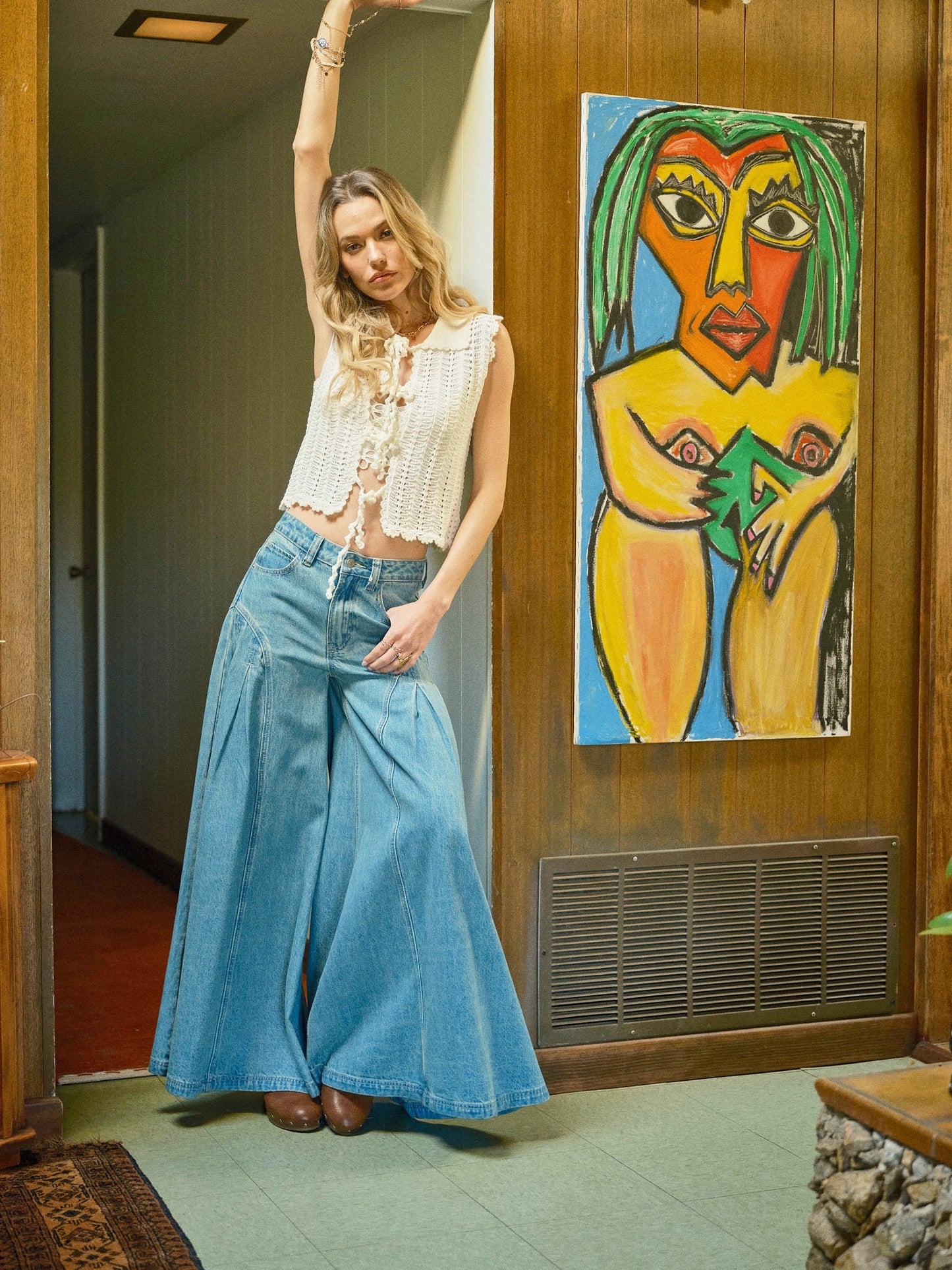 Pleated Wide Leg Denim Jeans