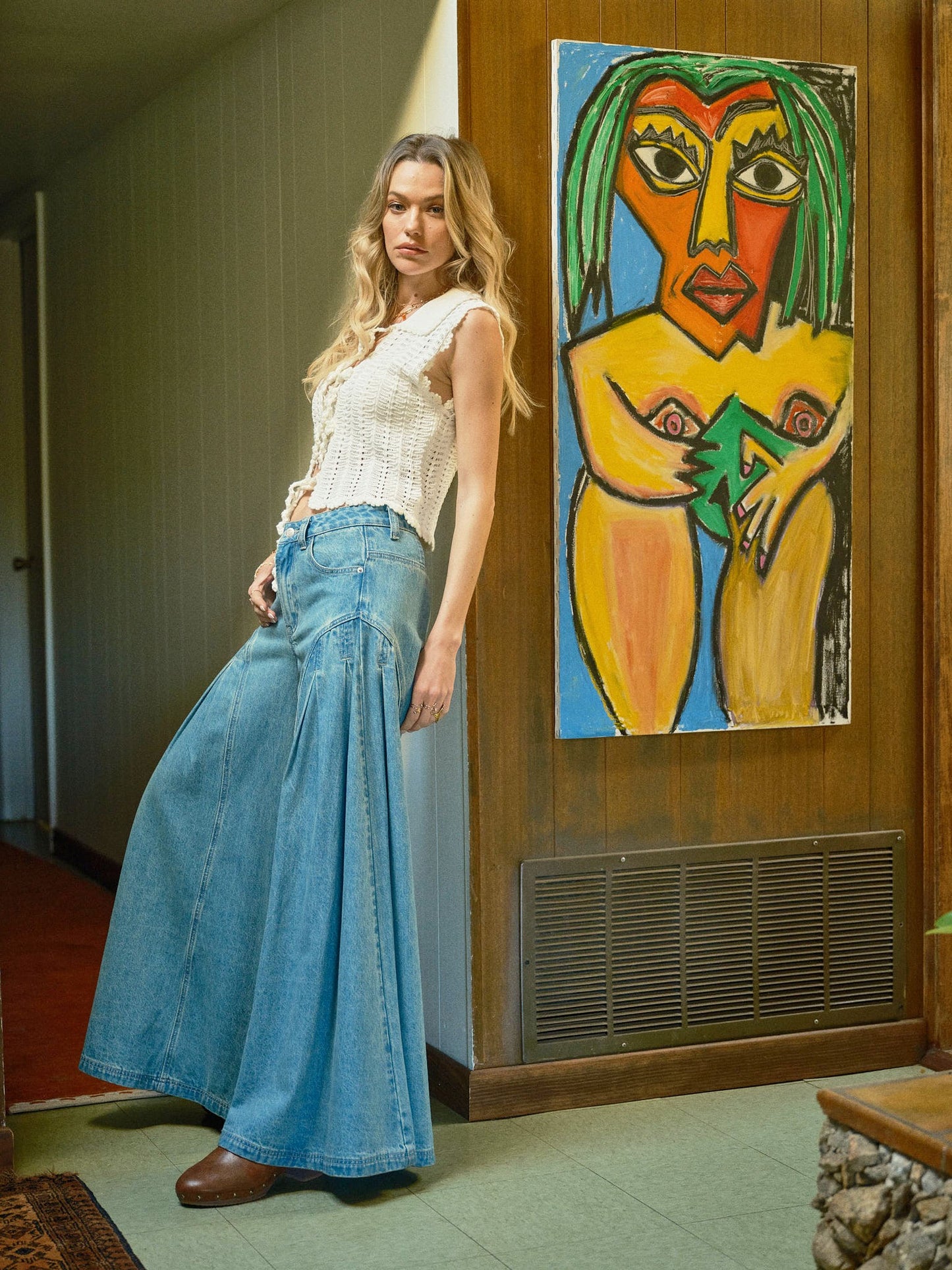 Pleated Wide Leg Denim Jeans