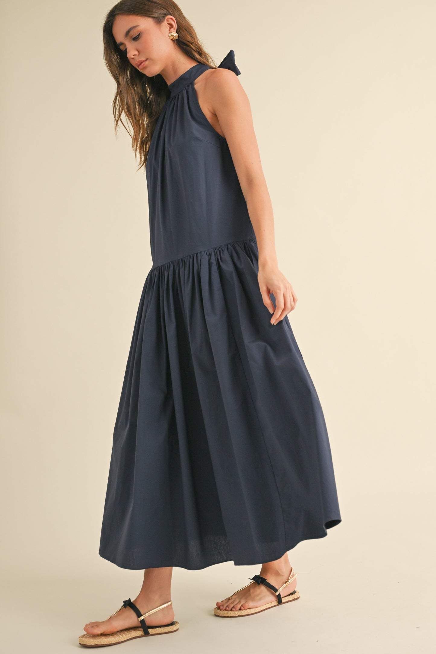 Navy Sleeveless Dress with Tie Back