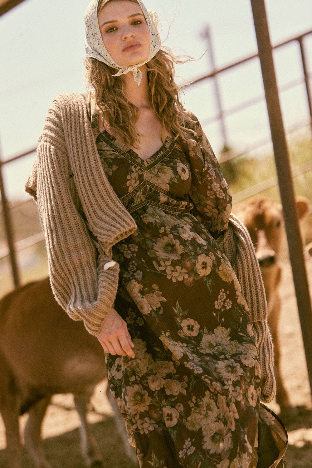 Floral-Print Velvet-Trimmed Maxi Peasant Dress