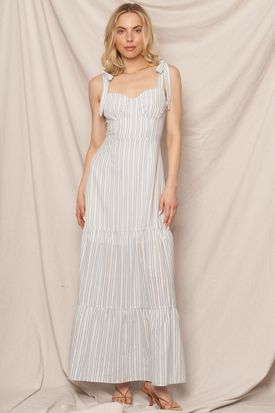 Sleeveless Shoulder Tie Striped Maxi Dress