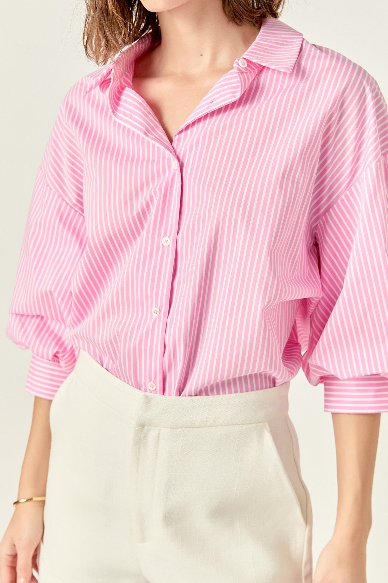 Pink/White Striped Balloon Sleeve Shirt