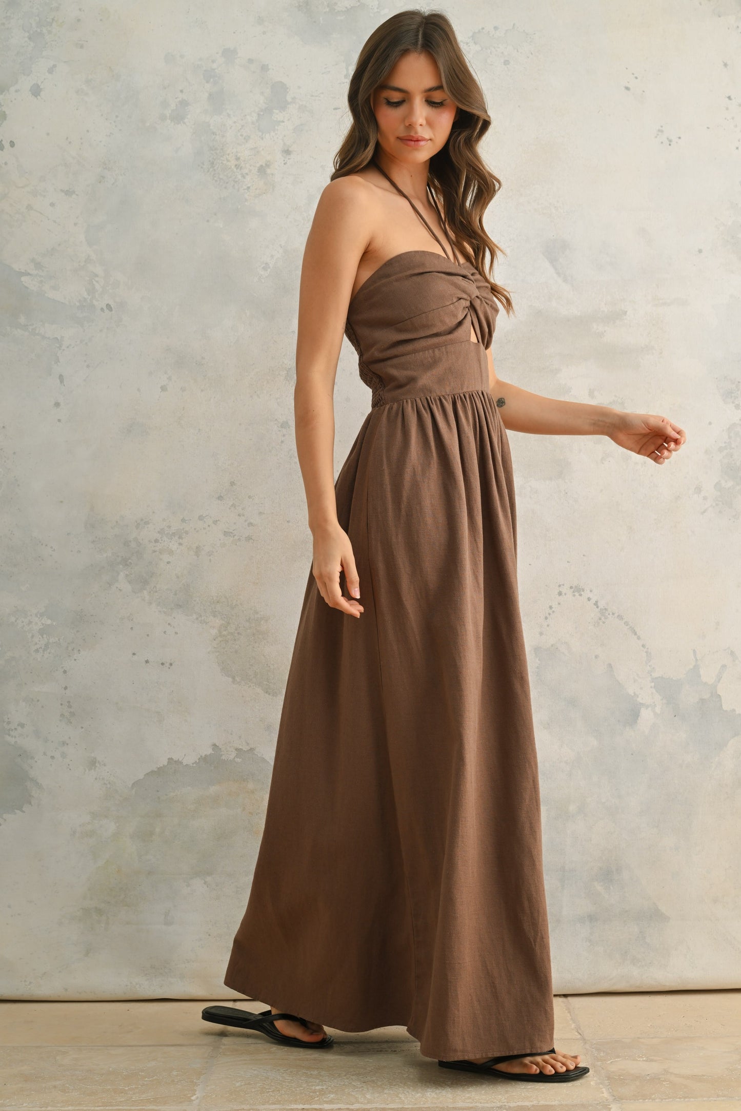 Mocha Knotted Front Halter Dress