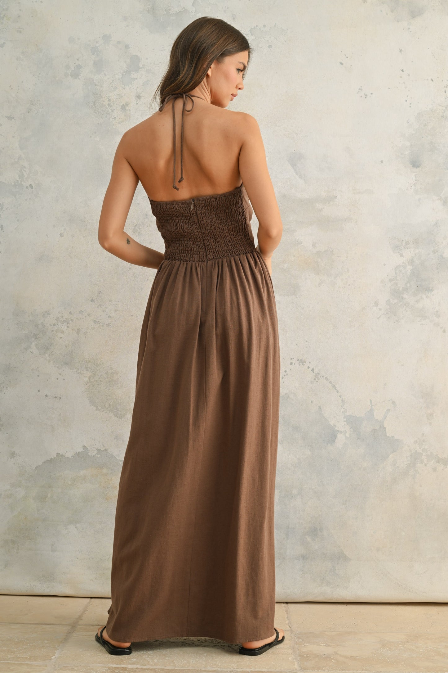 Mocha Knotted Front Halter Dress