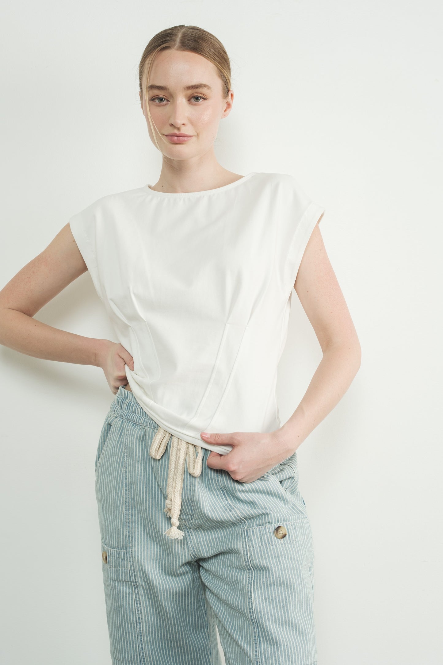 White Pleated Short Sleeve Top