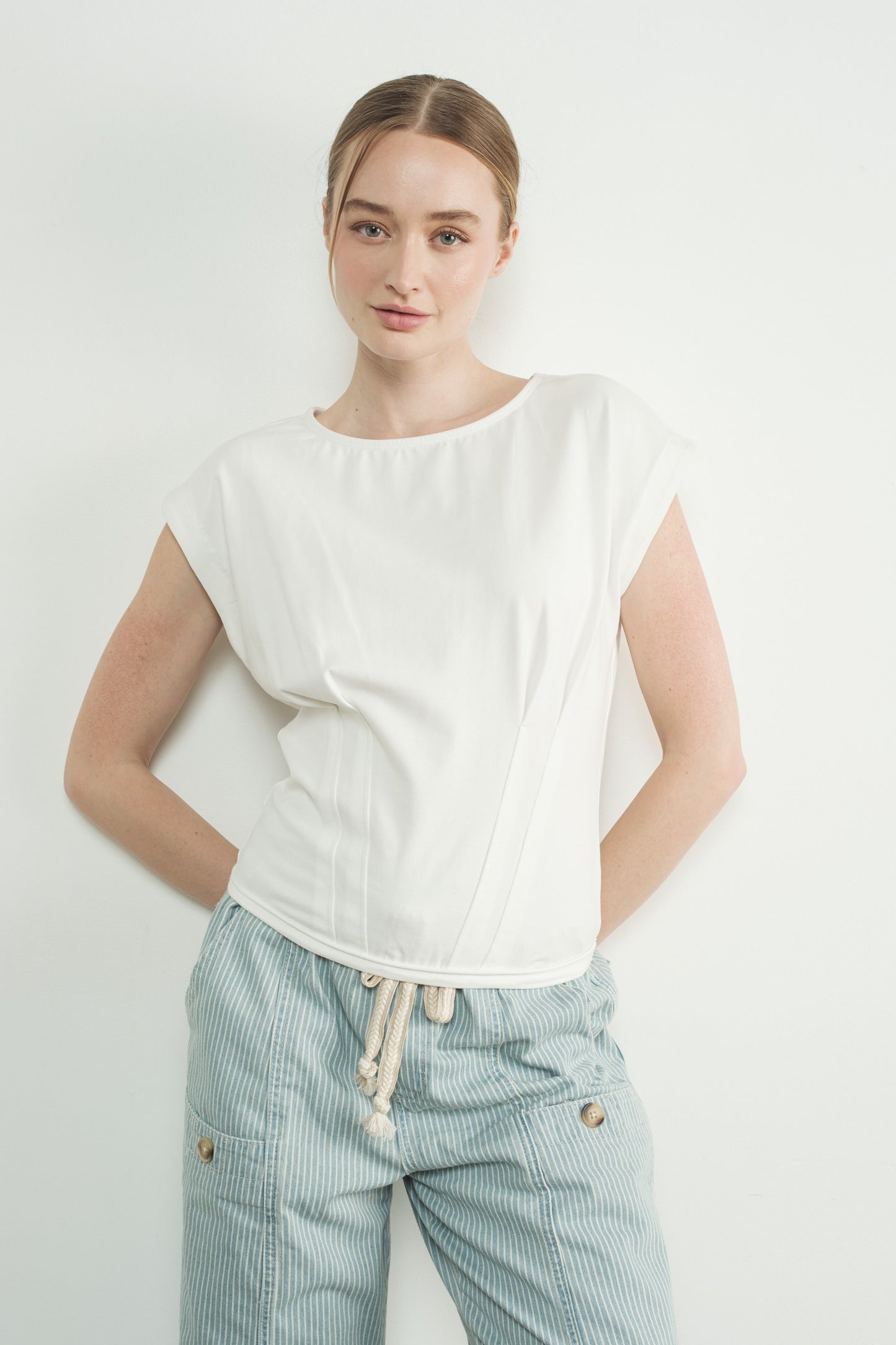 White Pleated Short Sleeve Top