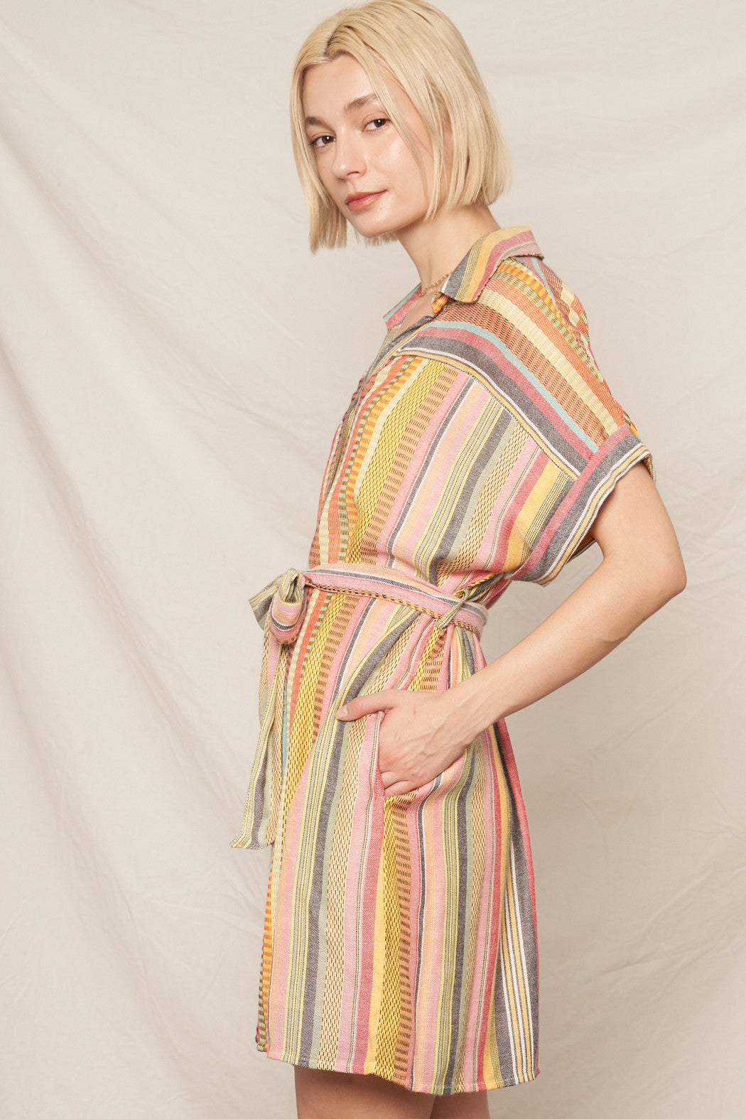 Vivid Stripe Belted Mini Dress