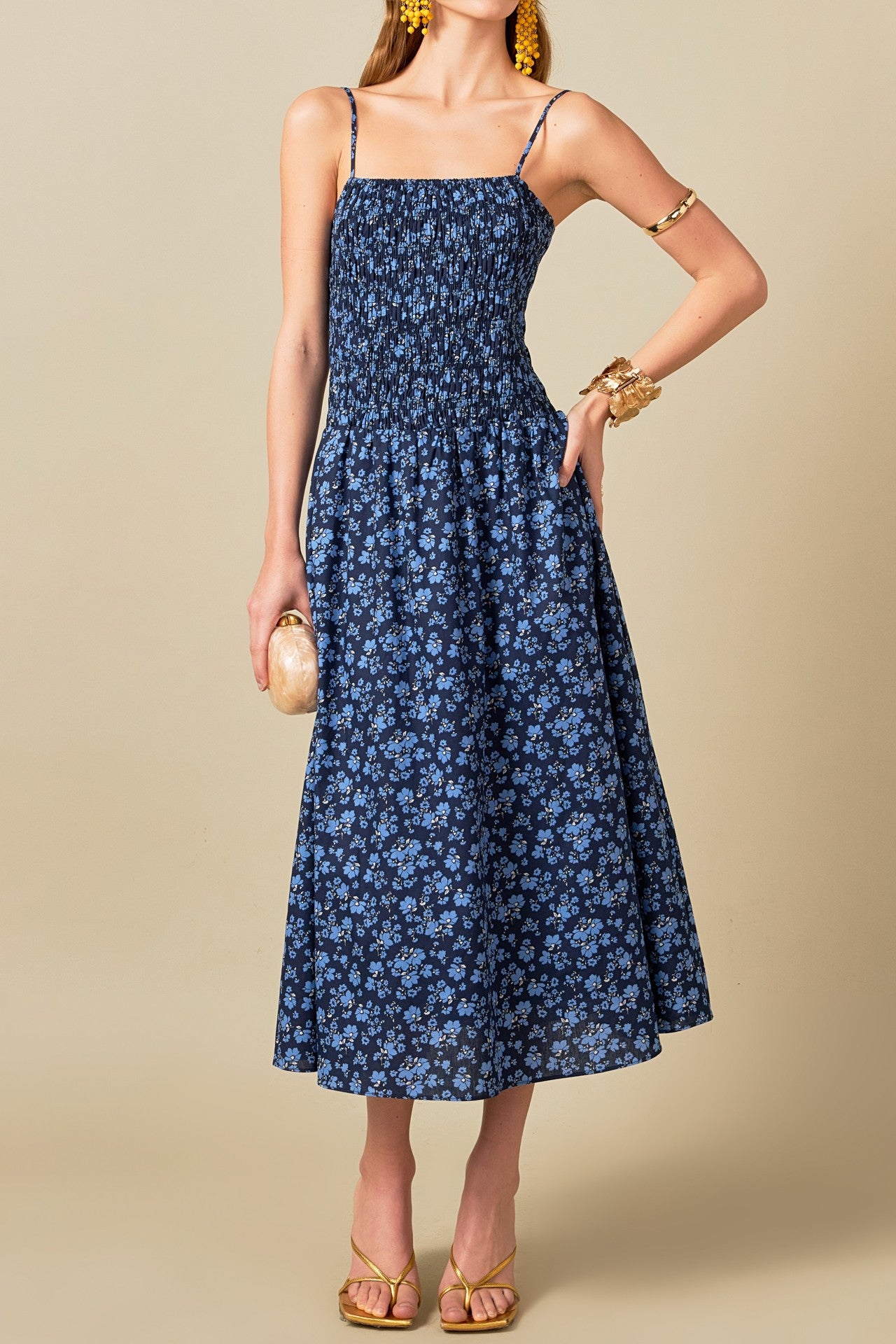 Floral Print Smocked Midi Dress