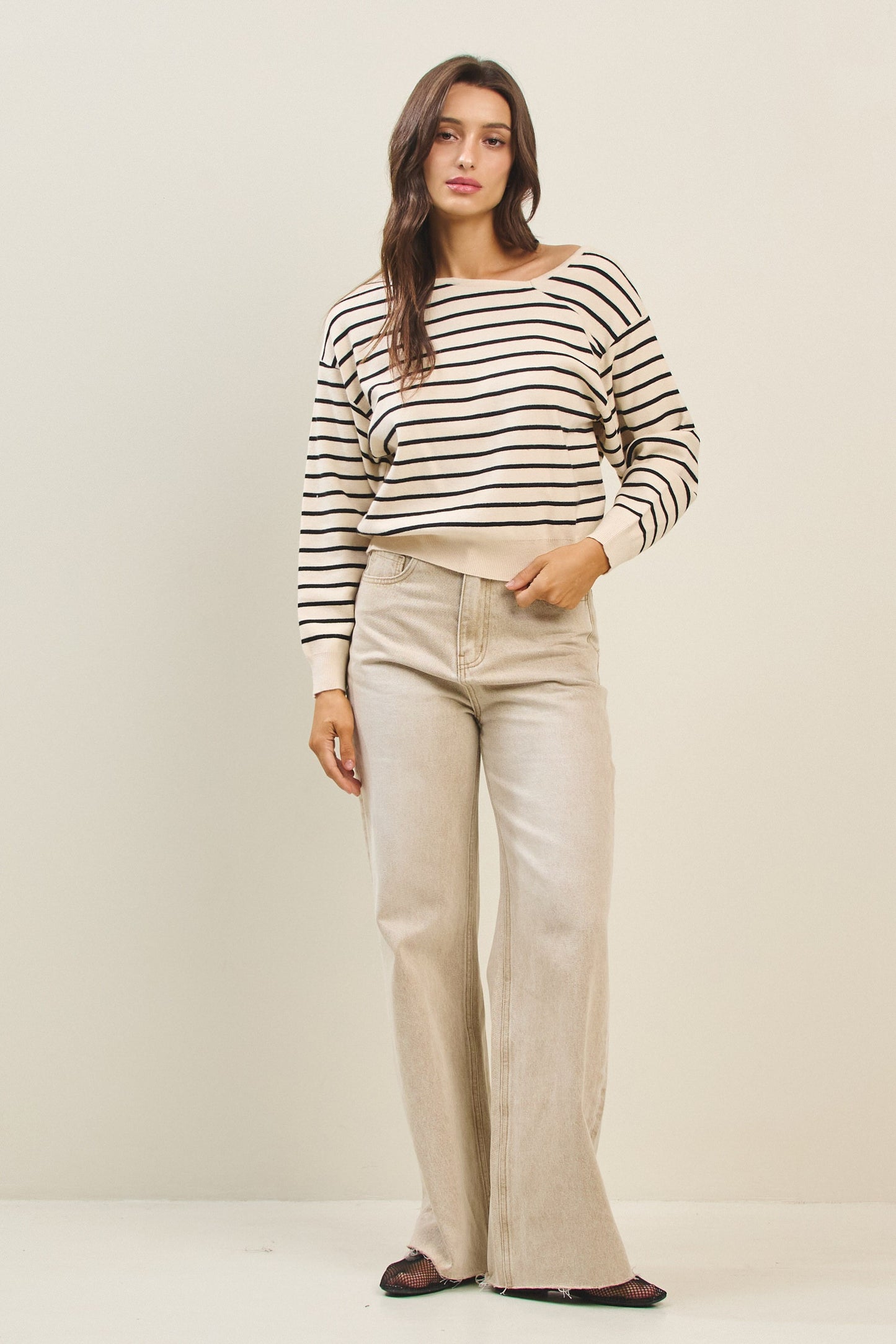 Cream/Black Asymmetric Neckline Sweater