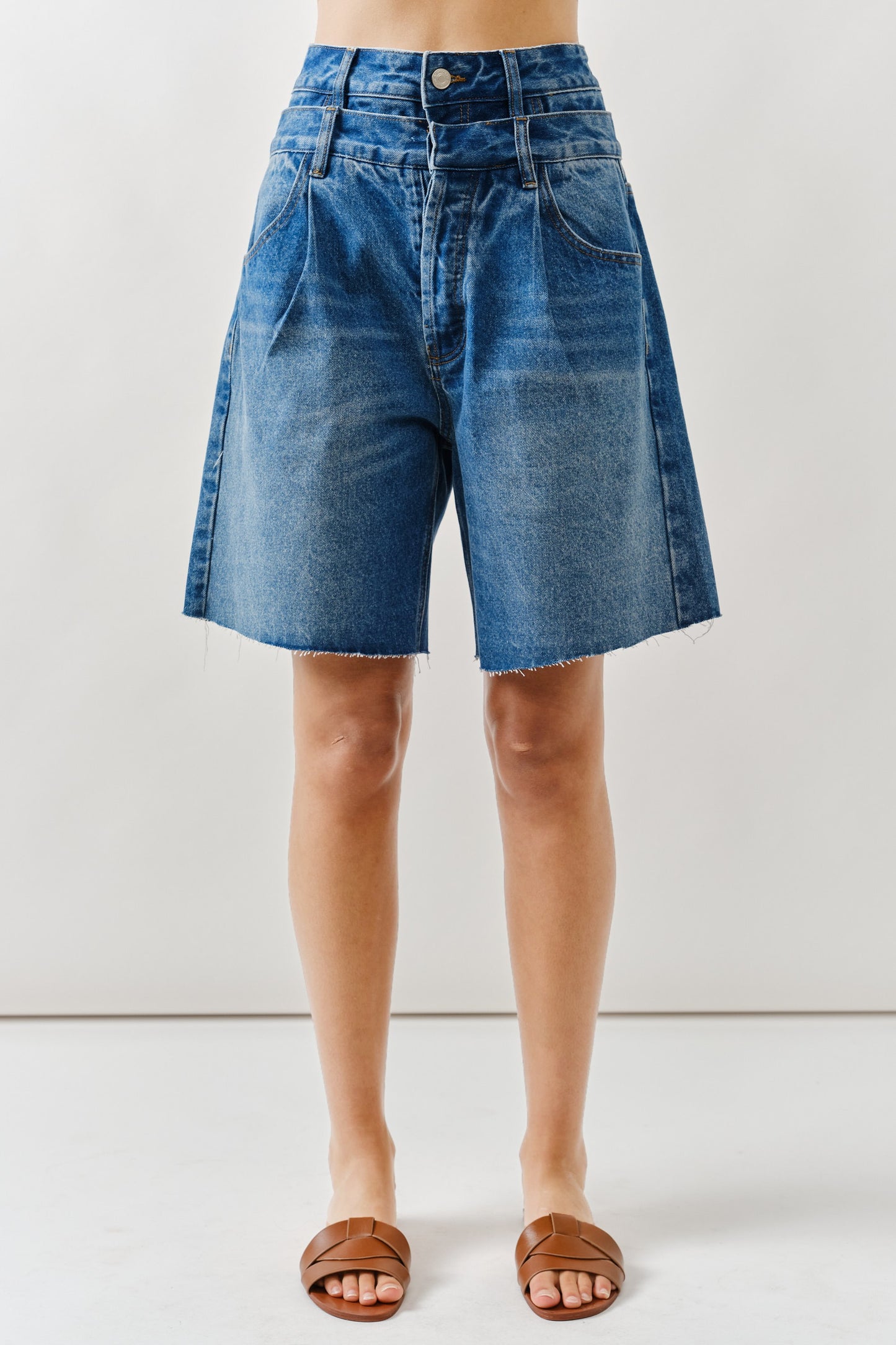 Double Waist Denim Bermuda Shorts