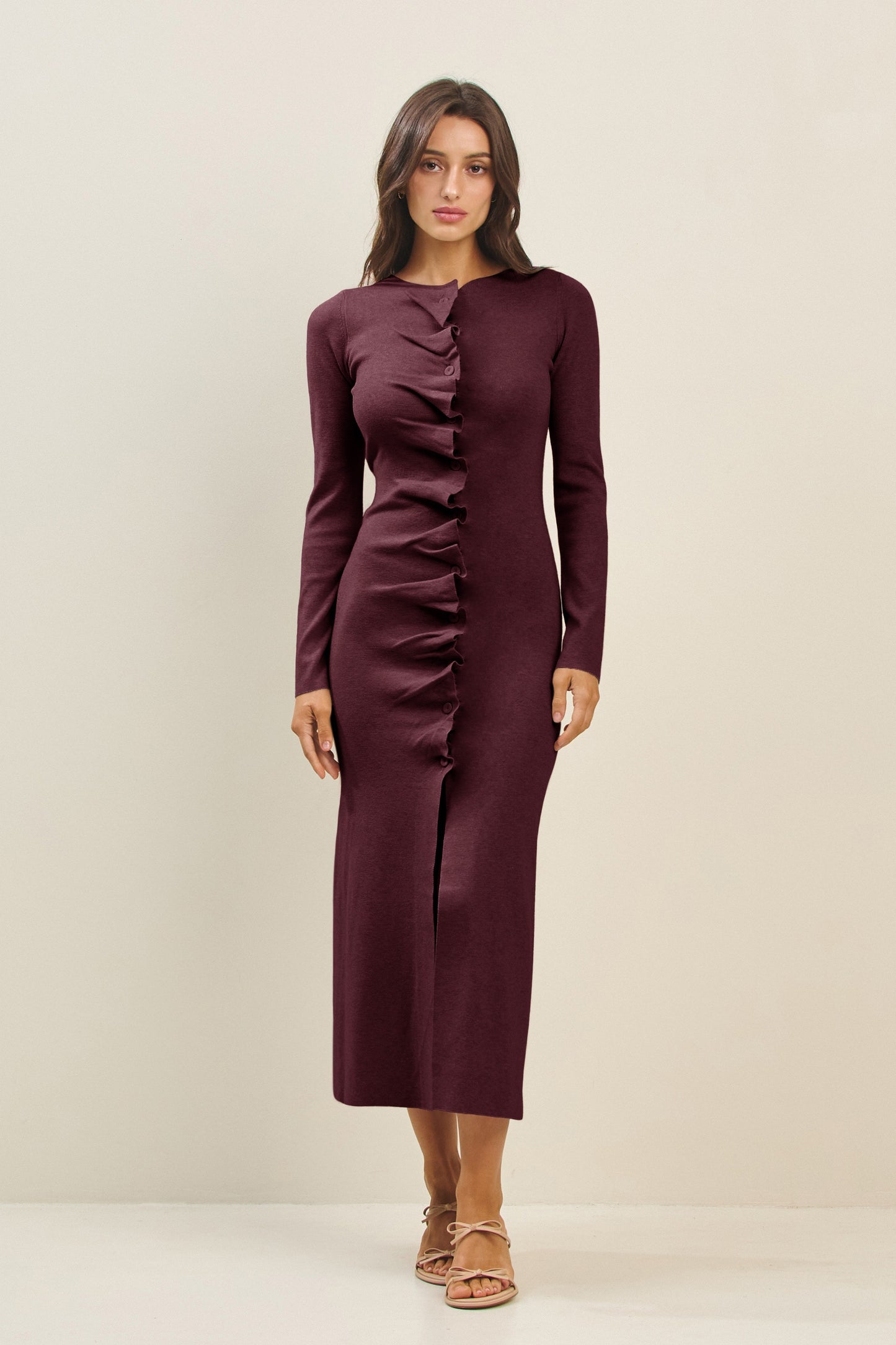 Burgundy Button Pleated Split Knit Dress