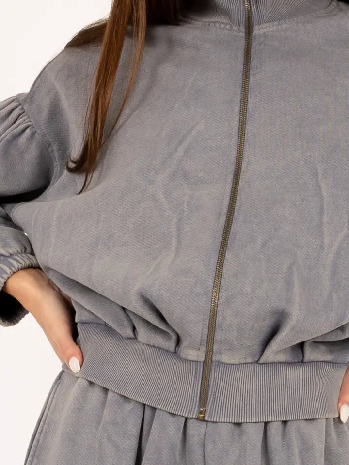 High Neck Puff Sleeve Zip Up