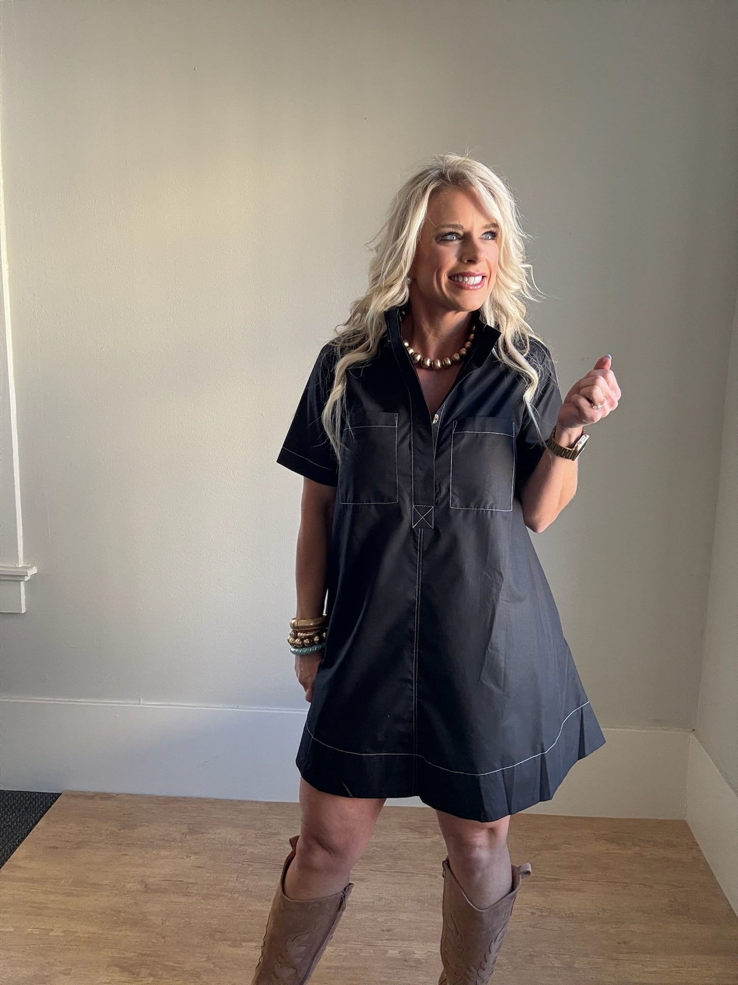 High Neck Short Sleeve Swing Mini Dress
