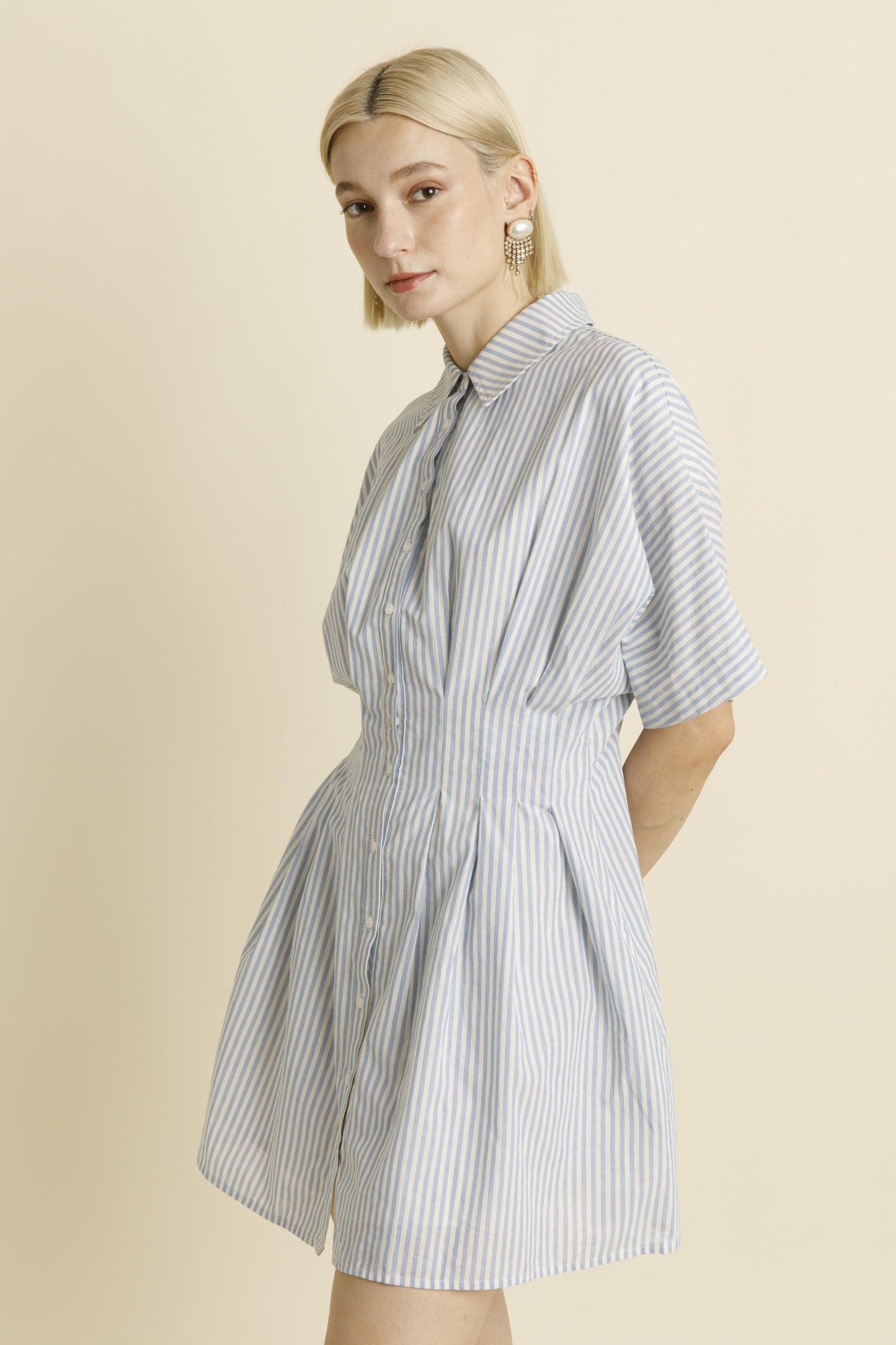 Blue and White Striped Pleated Mini Dress