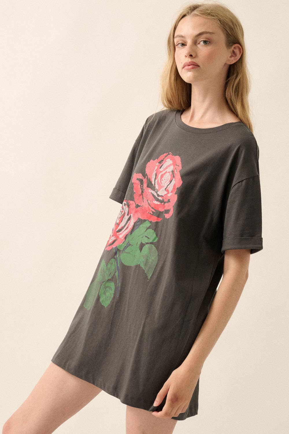 Roses Vintage-Wash Oversize Graphic Tee