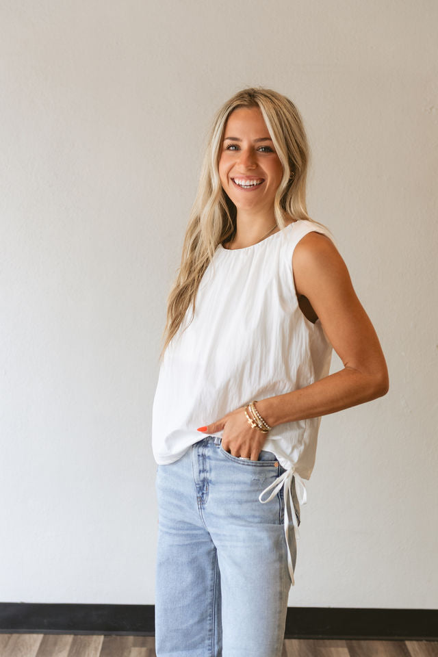 White Shirred Neck Sleeveless Side Tie Top