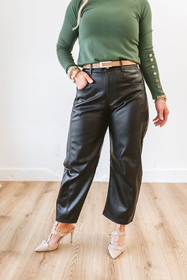 Faux Leather Barrel Jeans