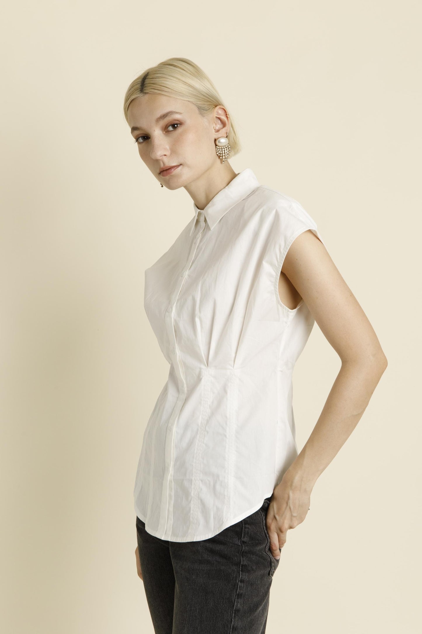 White Pleated Cap Sleeve Blouse