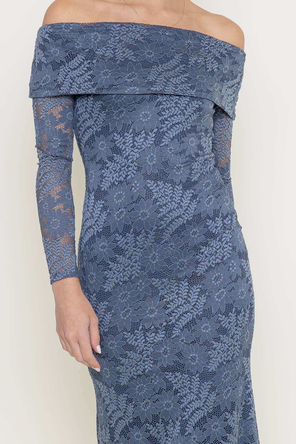 LACE FOLD OVER NECKLINE LONG SLEEVE MAXI DRESS