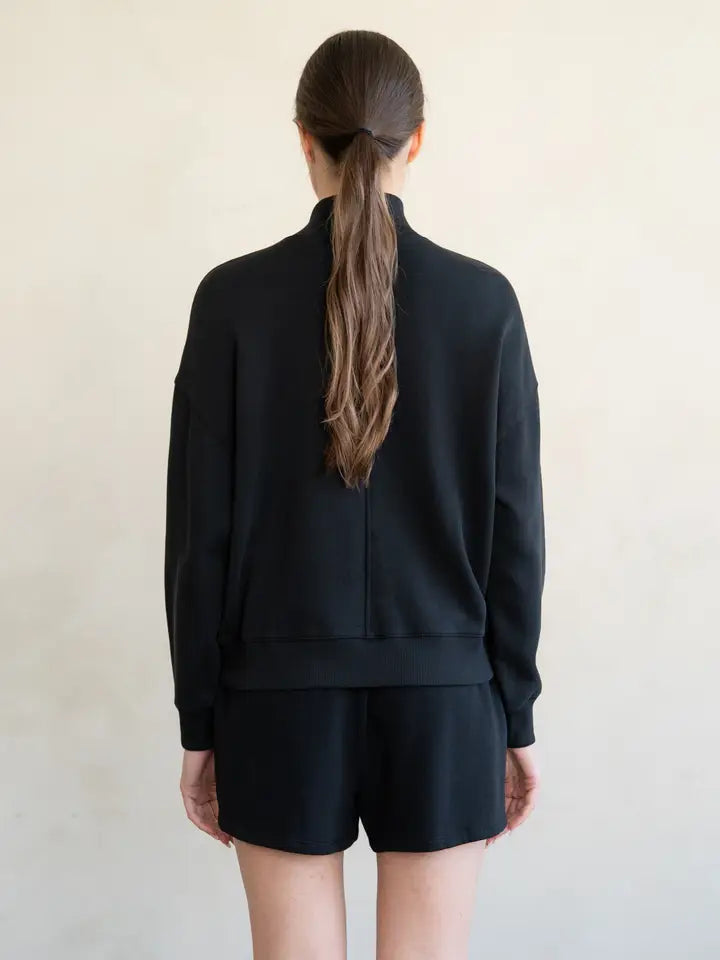 Rib Collar Button Pullover - Ink Black