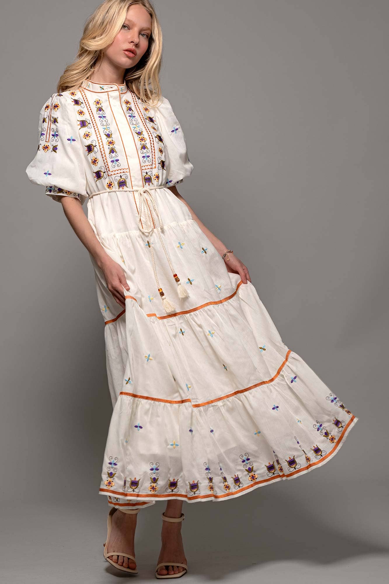Embroidered Balloon Sleeve Tiered Midi Dress