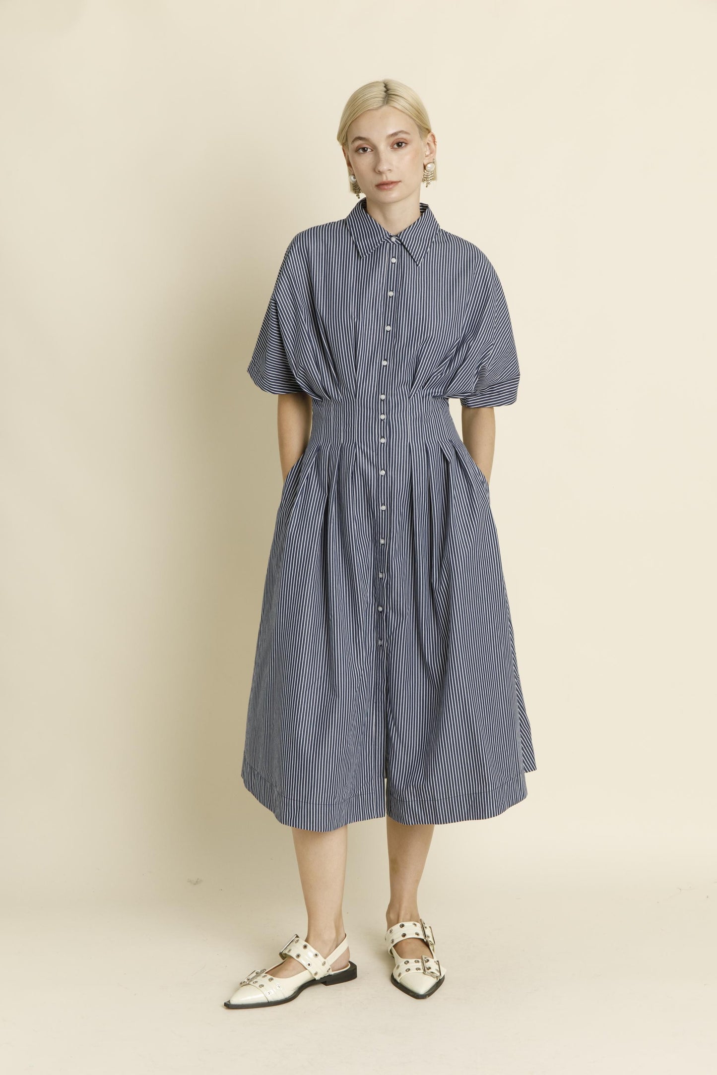Button Front Pleated Midi Shirt Dress