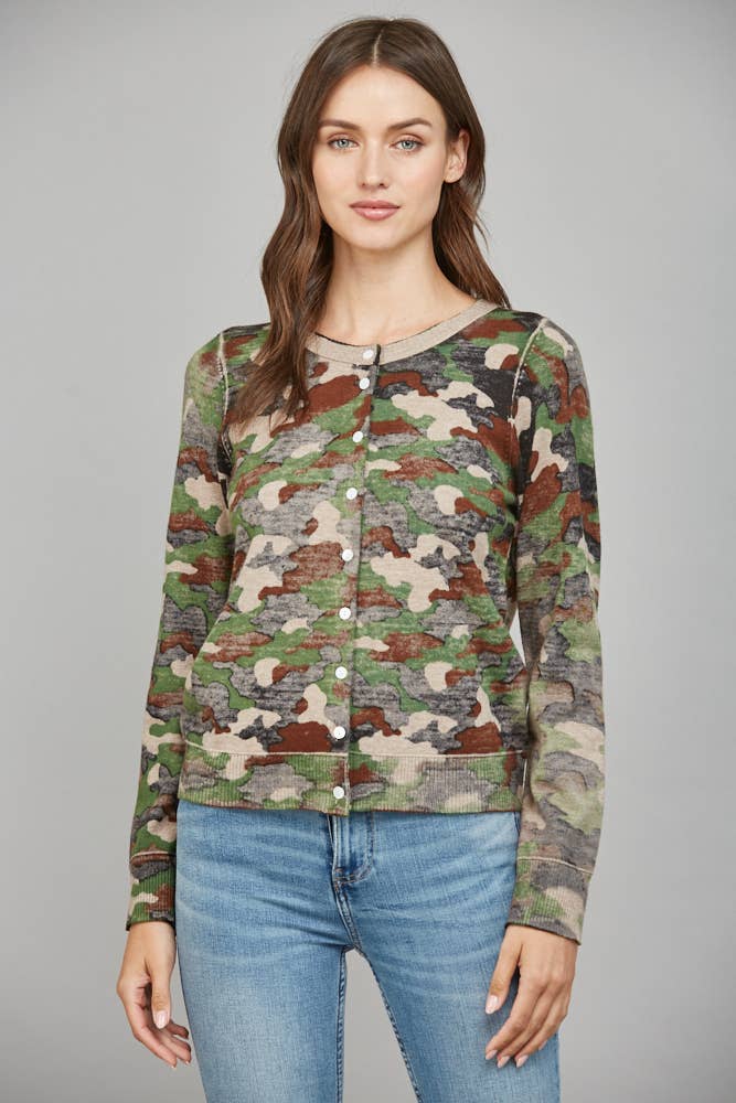 CAMO PRINT FRONT BUTTON CLOSURE CARDIGAN