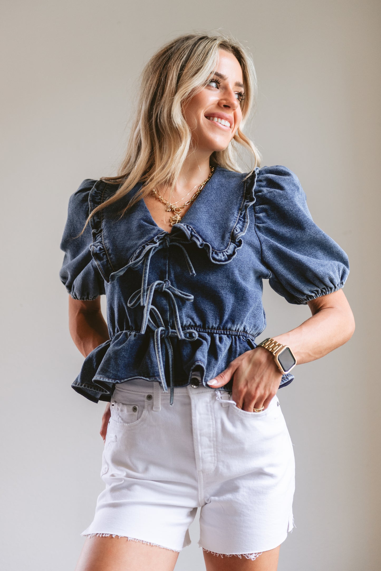 Denim Peter Pan Top w/Ties