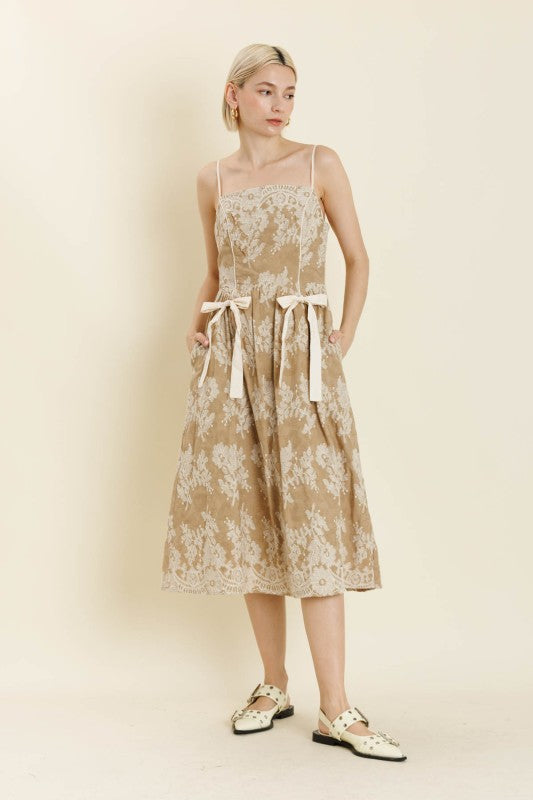 Tan Embroidered Midi Dress w/Ties