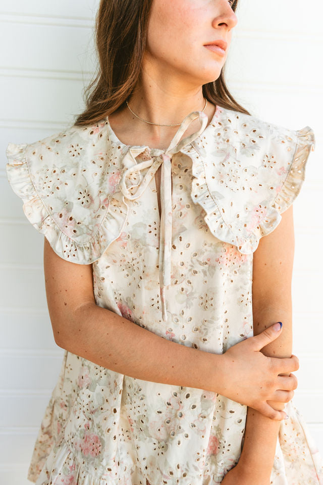 Eyelet Floral Print Mini Dress