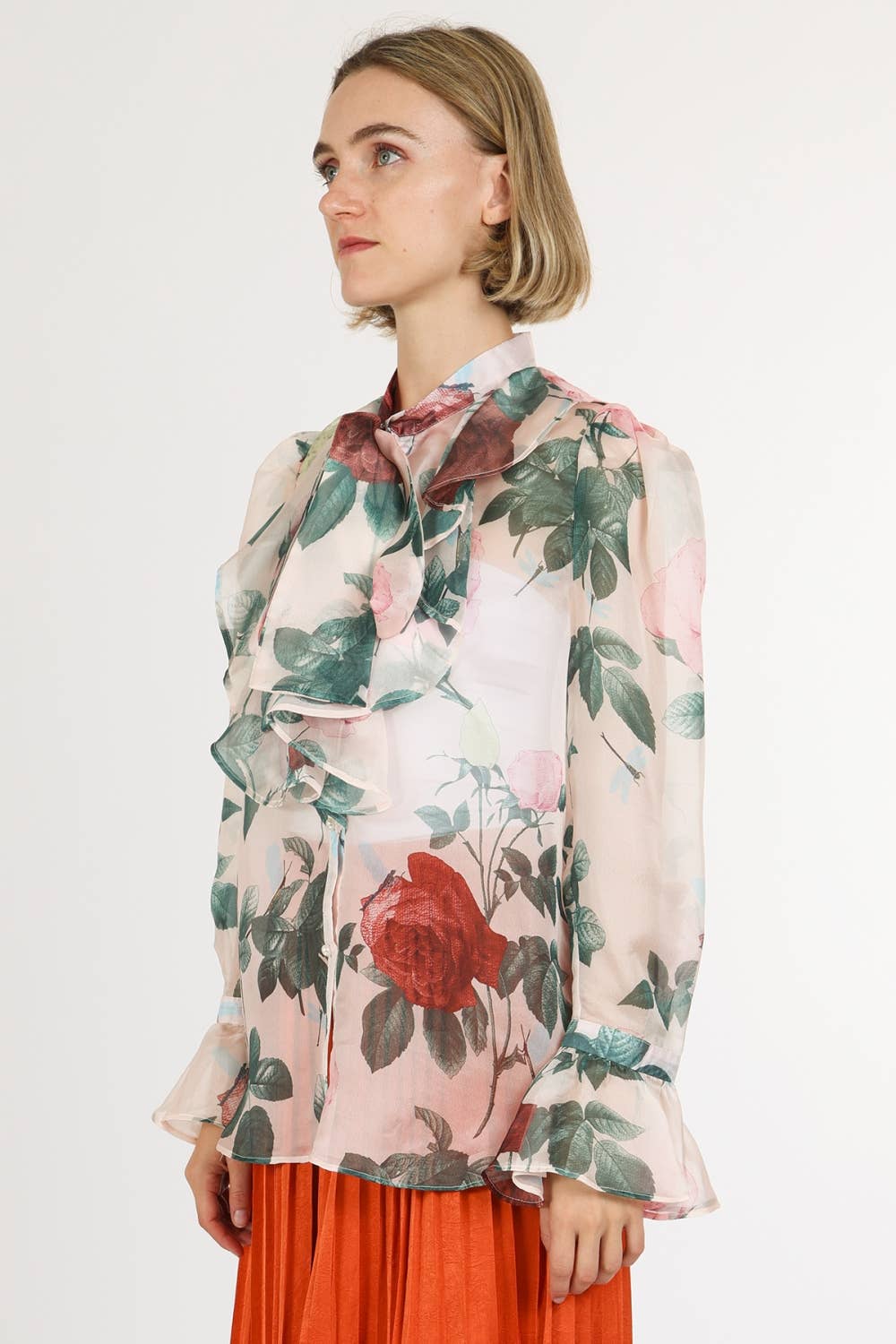 Floral Print Neck Bowtie Chiffon Blouse