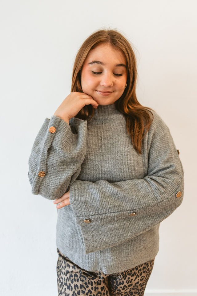 Grey Turtleneck Gold Button Sweater
